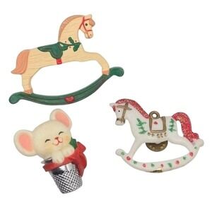 Set of 3 Vintage Pin Brooch Hallmark 1983 Christmas Mouse 1989 Rocking Horse